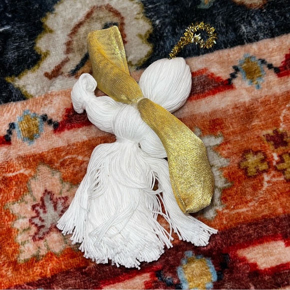 Vintage White Woven Angel Ornament with Gold Tassel and Bow - Picture 3 of 4